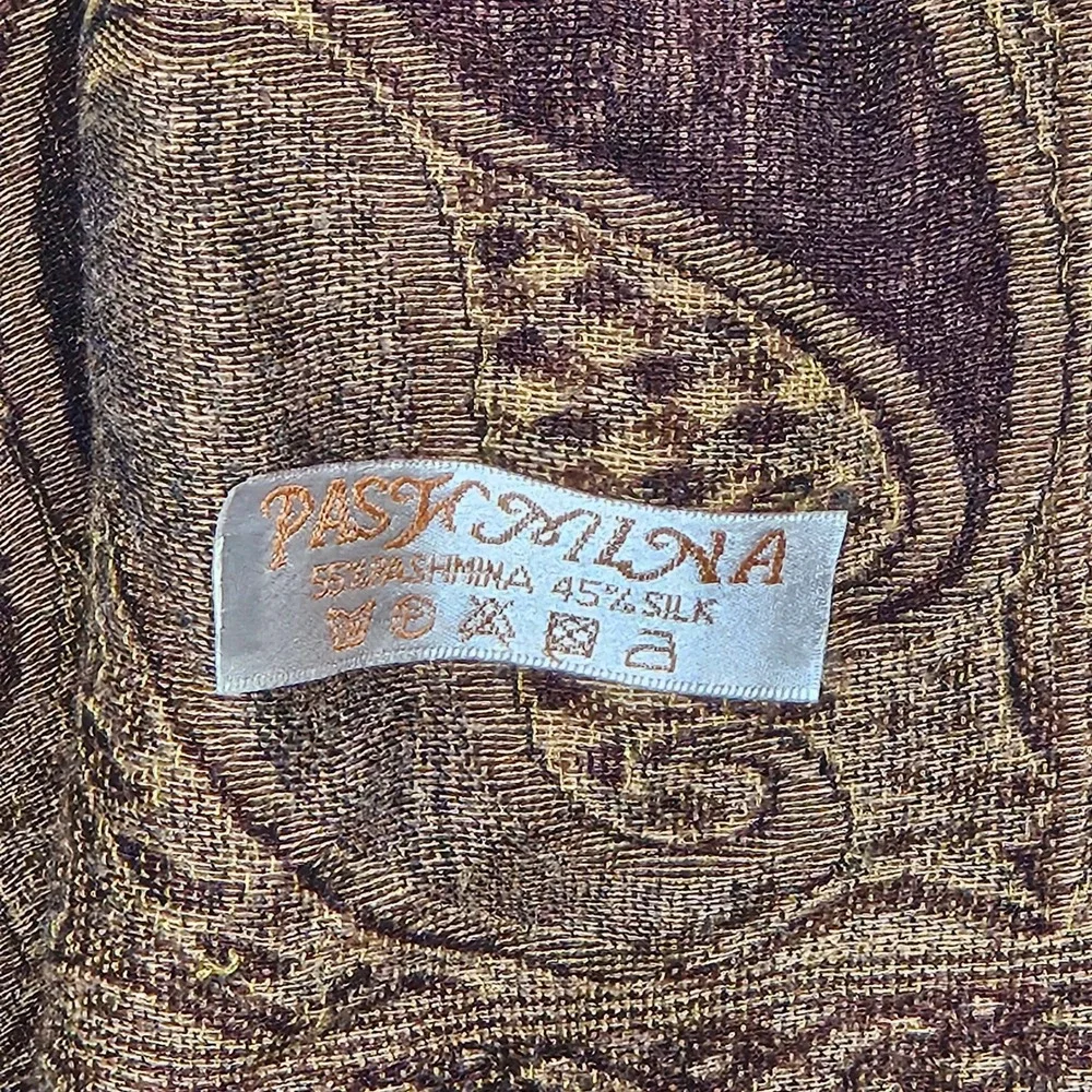 Pashmina Silk Blend Paisley Scarf Shawl Brown Gold Fringed Boho Wrap